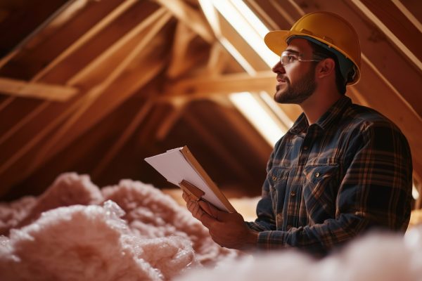 A construction worker reviews plans while standing in an attic filled with insulation. The natural light filters through the roof, illuminating the area.